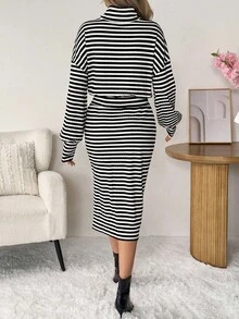 SHEIN LUNE 女式休闲条纹腰部收腰长袖中长连衣裙 - 黑與白 - 查看 2