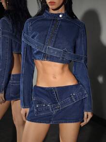 Flirla Women's Adjustable Button Design Cropped Long Sleeve Denim Jacket - Dark Wash - View 4