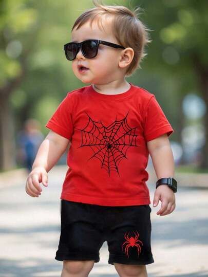 SHEIN 2pcs Toddler Boys' Casual Spider Web Print Short Sleeve T-Shirt And Shorts Set Spider Graphic Tee Halloween Baby Boy Clothes Baby Boy Spider Outfit Toddler Graphic Tshirts Infant Graphic Tees