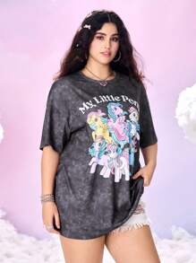 My Little Pony X SHEIN 加大码卡通图案黑色圆领短袖T恤女款图案T恤破洞T恤图案T恤 - 黑色 - 查看 7