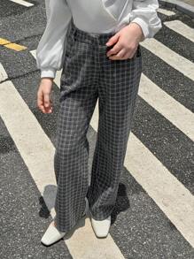 青少年女孩休闲通勤格子直筒裤 - 灰色 - 查看 3