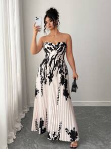 Elenzga 大码优雅露肩百褶花卉印花连衣裙，夏季 - 杏色 - 查看 4