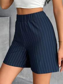 SHEIN Women Striped Detailed Elastic Waist Casual Shorts - Navy Blue - View 3