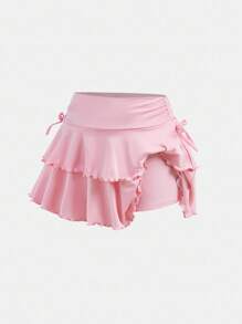 SHEIN Girlism Rok Rajut Kasual Gaya Jalanan untuk Remaja Perempuan, Warna Polos, dengan Tali Serut di Pinggang dan Hem Berlipit, Cocok untuk Musim Gugur dan Musim Dingin. - Berwarna merah muda - View 5