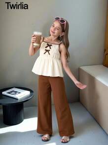 2 件套青少年女孩休闲甜美可爱纹理泡泡褶面料吊带背心上衣和宽松阔腿裤套装，适合日常、度假、郊游、姐妹街拍、春夏季