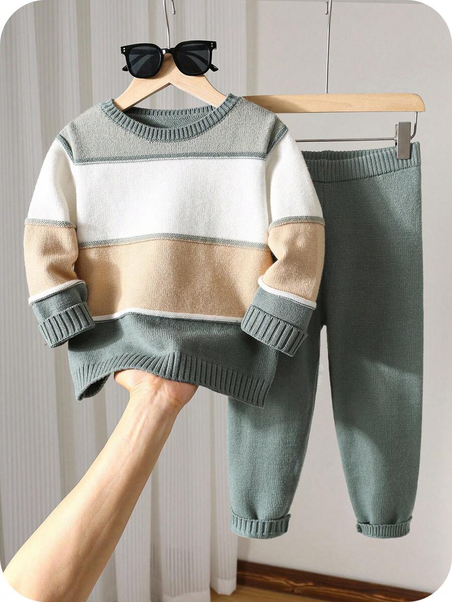 SHEIN 2pcs/Set Young Boys Casual Raglan Loose Striped Crew Neck Sweater Top And Ribbed Hem Pants Two Pieces Suit, Suitable For Autumn/Winter Wear, Homewear And Outings, Thick Collegiate Style Fall - Green - View 1