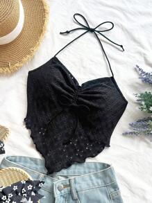 Soleia 夏季黑色外出蝴蝶结抽绳前露背吊带围巾下摆上衣 - 黑色 - 查看 6