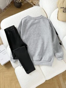 SHEIN 青少年女孩宽松休闲简约舒适圆领套头连帽衫和裤子套装，带蝴蝶结装饰 - 灰色 - 查看 5