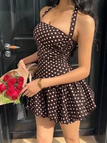 SHEIN EZwear 女式性感波尔卡圆点印花露背挂脖迷你连衣裙，夏季 - 棕色 - 查看 6