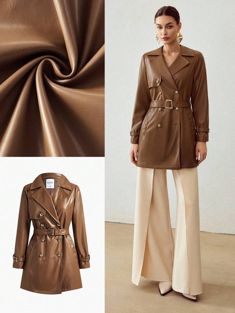 PU LEATHER DOUBLE BREASTED PLACKET BUCKLE BELTED TRENCH COAT