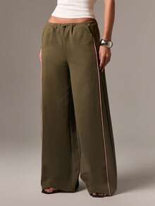 AiiRZ Quần thể thao ống rộng có dây rút, quần dài mặc nhà mùa hè, quần sọc bên hông, quần mặc thoải mái, phong cách sống mùa thu - Màu xanh lá cây đậm - Xem 1