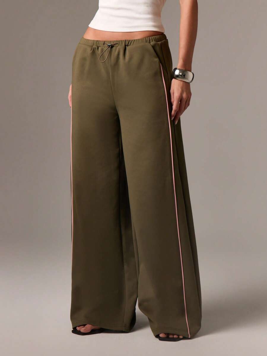 AiiRZ Quần thể thao ống rộng có dây rút, quần dài mặc nhà mùa hè, quần sọc bên hông, quần mặc thoải mái, phong cách sống mùa thu - Màu xanh lá cây đậm - Xem 1