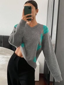 DAZY Suéter holgado de estilo casual de calle con cuello en V, manga larga y estampado de cuadros en contraste para mujer, otoño/invierno