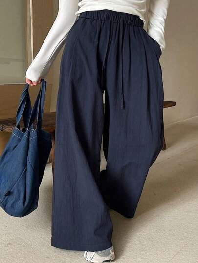 Dazy Plus Elastic Waist Drawstring Loose Wide Leg Casual Plus Size Women Pants, All Season Fall