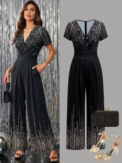 Ellevyn 女式 V 领短袖针织修身腰部修身黑色仿亮片印花褶皱阔腿裤，优雅连体裤，适合日常穿着和通勤