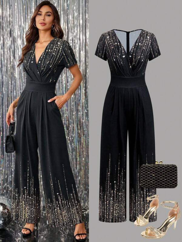 Ellevyn 女式 V 领短袖针织修身腰部修身黑色仿亮片印花褶皱阔腿裤，优雅连体裤，适合日常穿着和通勤