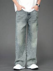 SHEIN 青少年男童新款水洗时尚宽松直筒牛仔裤，街头风休闲百搭牛仔裤，四季皆宜，秋冬季时尚有型。 - 中等水洗藍 - 查看 4