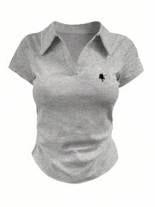 INAWLY 大码女式夏季骑士印花短袖休闲T恤 - 黑色 - 查看 3