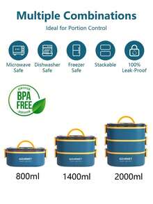 SHEIN 800/1400/2000 Milliliter Multi-Color Bento Box Set, Reusable, Leak-Proof Bento Box With Three Layers, No BPA Lunch Box, Insulated Bento Box, School Bento Box, Office Lunch Box, Travel Bento Box, Stackable, For Microwave, Dishwasher, And Refrigerator, Bento Box - Multicolor - View 7