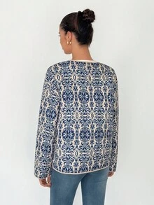 SHEIN Tall Women's Floral Print Long Sleeve Zip Front Casual Winter Jacket Printed Jacket Blue Jacket - Blue and White - View 2