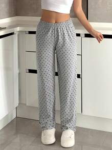 Bas de pyjama en coton pour femmes avec motif en contraste de cœur
