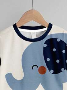 SHEIN 男婴休闲圆领短袖大象印花上衣和短裤两件套，适合夏季穿着，男婴服装，大象图案，男婴夏季套装，男婴夏季服装，男婴大象套装，男婴夏季服装