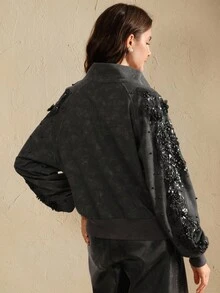 Anewsta Crew Neck Sleeve Patch Sweatshirt, Long Sleeve, Suitable For Fall, Autumn, Winter, Elegant, Chic, New Year, Casual - Black - View 2