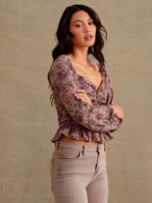 WESTFADE Floral Printed Woven Sweetheart Neck Balloon Long Sleeve Peplum Top Fall, Autumn, Winter, Casual, Cute, Western Wear, Boho - Pink - View 4