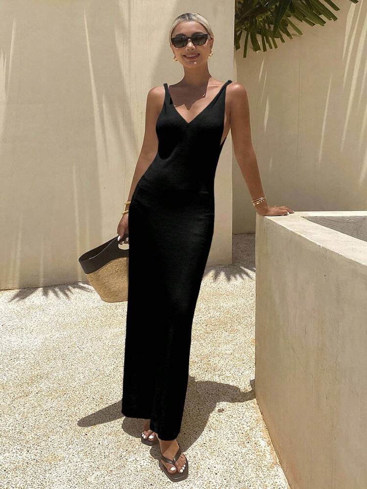 Livesso 女士夏季V领吊带针织连衣裙 女士毛衣连衣裙 吊带裙 度假装 - 黑色 - 查看 4