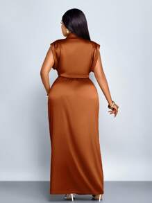 SOLERSUN Women Commute Minimalist Office Old Money Simple Lapel Neck Batwing Sleeve Ruched Bodycon Satin Dress Maxi Women Outfit - Brown - View 2