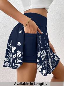 SHEIN Tall CURVE Conjunto de verano informal para mujer talla grande, falda-pantalón de cintura alta con bolsillo para teléfono, shorts minimalistas con estampado de flores y bolsillos, shorts por dentro, atuendos de regreso a clases, ropa para el 4 de julio