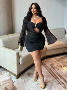 NU&NOW Đầm ôm sát gợi cảm tay dài co giãn cao, chất liệu lưới xuyên thấu phía trước, thắt nút xoắn và cúc kim loại, dành cho nữ, thích hợp cho các buổi tiệc, lễ hội, nghỉ dưỡng. - màu đen - Xem 5