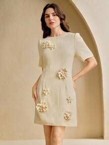Anewsta Vestido elegante de mujer con aplicaciones florales de unicolor, para verano - Amarillo - Ver 5