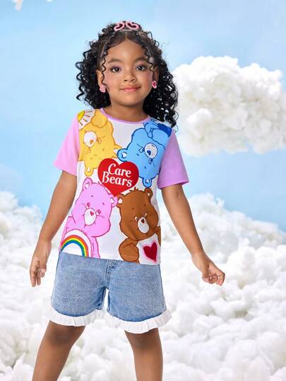 SHEIN X Care Bears T-shirt à manches courtes avec motif ours de dessin animé mignon et blocs de couleur, convient pour le printemps, l'été et l'automne