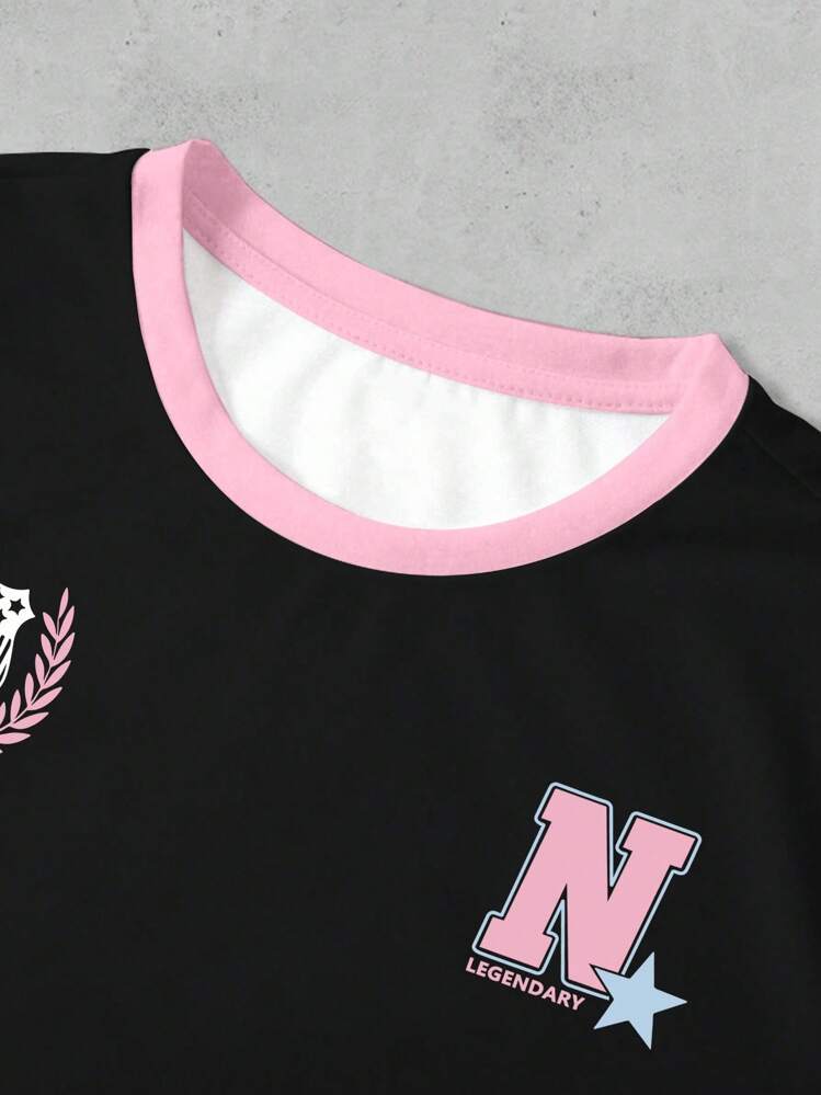 Manfinity Dauomo Maglietta da uomo in stile college, casual e semplice, con stampa retrò a pois e combinazione di numeri e lettere, dal sapore sportivo e da strada - Multicolore - Visualizzare 3