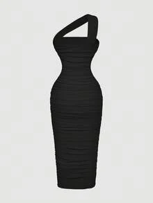 SHEIN X Belle Mariano SHEIN MOD Váy không tay xếp ly bất đối xứng cổ điển dành cho nữ - màu đen - Xem 2