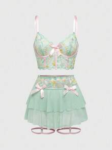 ROMWE Fairycore Fairy Embroidered Floral Bow Contrast Color Underwire Lingerie Set For Women - Multicolor - View 1