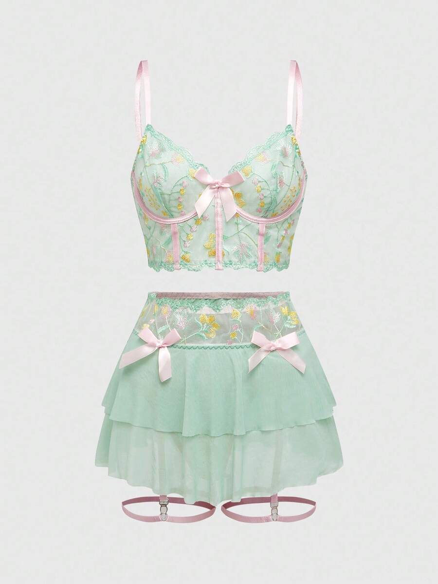 ROMWE Fairycore Fairy Embroidered Floral Bow Contrast Color Underwire Lingerie Set For Women - Multicolor - View 1