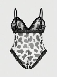 ROMWE Kawaii Đồ lót liền thân ren bướm khoét lỗ họa tiết bò gợi cảm cỡ lớn - Đen và trắng - Xem 2