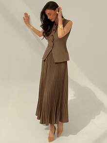 Aloruh Women's Elegant Commuter Solid Color Vest & Pleated Skirt Suit In Fall/Winter - Brown - View 7