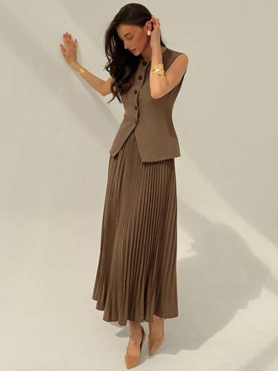 Aloruh Women's Elegant Commuter Solid Color Vest & Pleated Skirt Suit In Fall/Winter