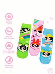 THE POWERPUFF GIRLS X SHEIN 3 Pairs Blossom, Bubbles, Buttercup Pattern Cotton Soft & Breathable Moisture-Wicking Kids Mid-Calf Socks Colorful Cute Crew Socks Reinforced Toe & Heel For Durability Unisex For Boys & Girls All Seasons All-Match School & Outdoor,Y2K - Multicolor - View 2