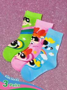 THE POWERPUFF GIRLS X SHEIN 3 Pairs Blossom, Bubbles, Buttercup Pattern Cotton Soft & Breathable Moisture-Wicking Kids Mid-Calf Socks Colorful Cute Crew Socks Reinforced Toe & Heel For Durability Unisex For Boys & Girls All Seasons All-Match School & Outdoor,Y2K - Multicolor - View 4