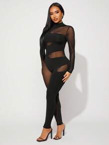 Radiana Plus Size Women's Spring & Summer Elegant Sexy Daily Basic Commuter Mesh Patchwork See-Through Hollow-Out Unitard Jumpsuit,Suitable For High Street Style,Urban,Sexy Office Siren Coquettish,Cruise Attire,Commuting,Business,Retro,Vintage,Party,Resort,Outing,Old Money,Richly Layered,Date Night,Gathering,Minimalism,Birthday,Formal Event,Gyaru,Ibiza,Nashville,Break,Modest,Chic,Casul,Shopping, Streetwear,Going Out, ,Accent Your Body,Flatter The Figure,Fall Clothes For Women - Black - View 6
