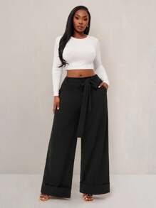 SHEIN SXY Quần dài thường ngày thanh lịch quyến rũ gợi cảm cơ bản rộng rãi cho nữ cỡ lớn Thu & Đông, Xuân & Hè - màu đen - Xem 4