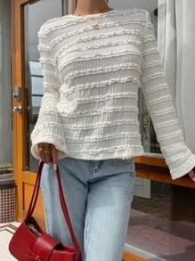 Serisse 休闲纯色纹理长袖 T 恤，适合春秋季节，秋季上衣，白色纹理衬衫，舒适女士，休闲，蕾丝波浪边上衣，喇叭袖上衣，纹理条纹针织上衣，秋季女士，冬季女士，四季皆宜，女士冬季，休闲办公室女士，法式风格，商务休闲女士，优雅，通勤，极简主义，办公室，老钱，简约，商务休闲女士 T 恤 - 杏色 - 查看 7