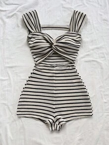 Soleia Plus Size Women's Vacation Knitted Striped Twist Front Keyhole Backless Jumpsuit, Autumn/Winter - Black and White - View 5