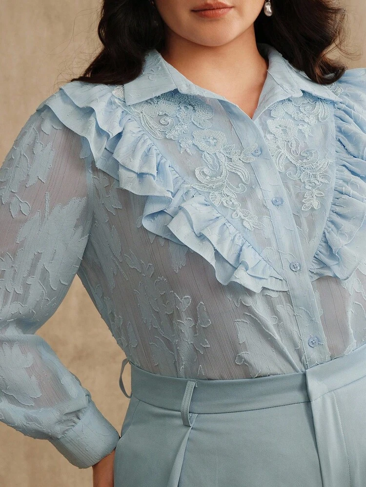Embellished With Beads & Sequins, Ruffled Hem Sweet Blouse Shirt For Women, Long Sleeve