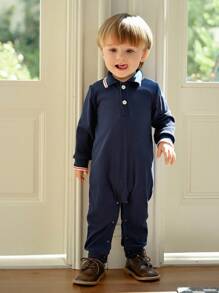 Souflis Souflis 1 Stück Minimalistischer Polokragen Rippstrick Langarm Jumpsuit für Säuglinge, Marineblau, Herbst/Winter Marineblauer Baby Jungen Jumpsuit Baby Jungen Jumpsuit Baby Jungen Kleidung Jungen Kleidung für Babys - Königsblau - Übersicht 7