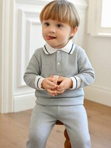Souflis Souflis 2pcs/Set Toddler Boys' Minimalist Polo Collar Grey Long Sleeve Top And Grey Cuffed Pants, Autumn/Winter Baby Tracksuit Baby Boys Outfit Baby Casual Sets Baby Clothing Boy - Grey - View 6